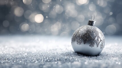 a silver christmas ornament with bokeh background.