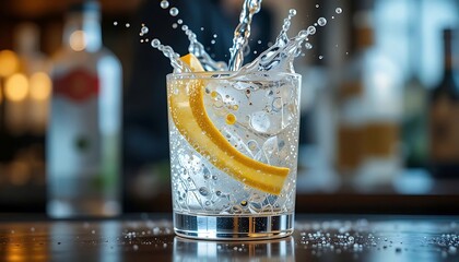 tonic water being poured into a gin glass with a lemon twist, a crystalline splashclear liquid with fine bubbles and a crisp  on a sophisticated, bar-style background.