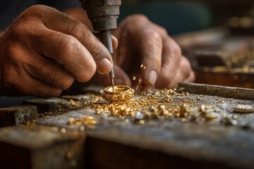 Close-up of weathered hands meticulously crafting a gold ring using a small drill, gold filings scattered on a worn wooden workbench