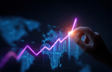 Hand interacts with a glowing upward trending graph projected over a digital world map, signifying global growth and financial success