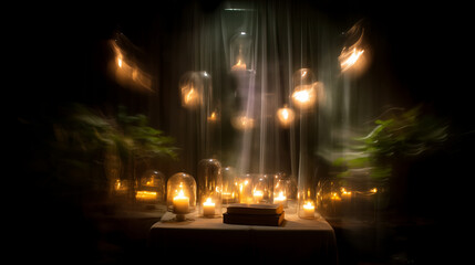 Mysterious candlelit Halloween seance scene with floating books and glass domes