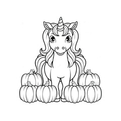 Adorable Unicorn with Pumpkins Free Coloring Page