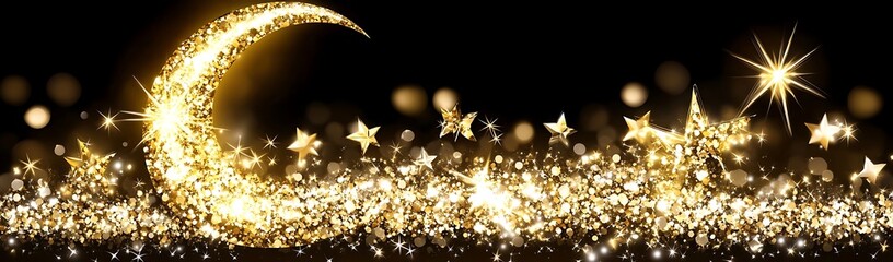 Golden crescent moon, stars, night