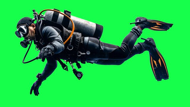 Scuba diver in action underwater animation, transparent 4K video, green screen