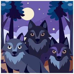 Cute cartoon cats and bats on a Halloween night with a moon and pumpkin for a holiday illustration