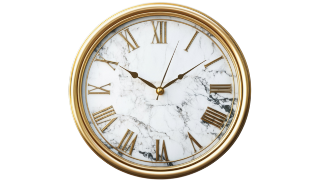 Elegant Marble Wall Clock with Golden Frame Isolated on White Background