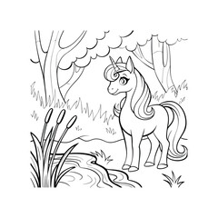 Magical Unicorn in Enchanting Forest Coloring Page  A whimsical illustration of a unicorn by a pond, perfect for kids and unicorn lovers.