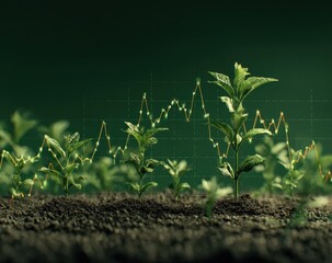 Young plants sprout from dark soil, overlaid with a fluctuating line graph suggesting growth and market trends against a deep green background