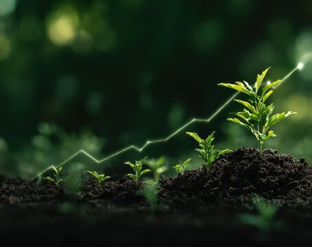 Four saplings of varying heights emerge from dark soil, overlaid with an upward trending growth graph against a blurred green backdrop
