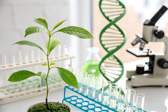 DNA strand in a laboratory amidst a green city landscape with eco-friendly building designs, symbolizing the growth of nature and technology