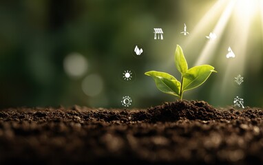 A young plant sprout emerges from dark soil, bathed in sunlight, surrounded by icons symbolizing sustainable growth and renewable energy