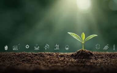A vibrant green sprout emerges from rich soil, backlit by sunlight, with small icons representing growth, sustainability, and resources at its base