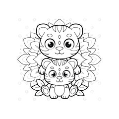 Adorable Mother and Baby Tiger Coloring Page Cute Cartoon Animal Illustration