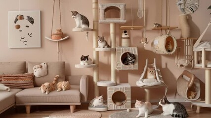 A cat room with a cats, a tall tower of small cat houses and an a sofa, various furniture, shelves full of pet toys, wide shot, interior design, Generative AI Videos. - Powered by Adobe
