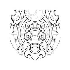 Cosmic Horse Head Line Art Illustration, Space Horse Design