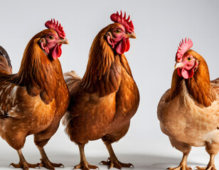 Fototapeta premium Three chickens isolated on a transparent background, A beautiful wallpaper. cock and hen.
