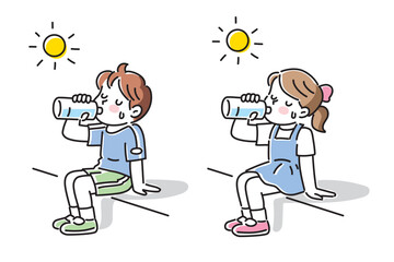 太陽の下で水分補給をする男の子と女の子のイラスト