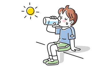 太陽の下で水分補給をする男の子のイラスト