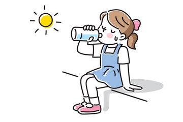 太陽の下で水分補給をする女の子のイラスト