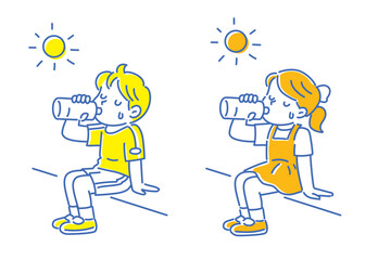 太陽の下で水分補給をする男の子と女の子のイラスト