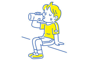 太陽の下で水分補給をする男の子のイラスト