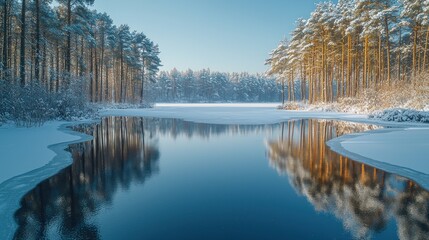Frozen lake reflecting winter forest