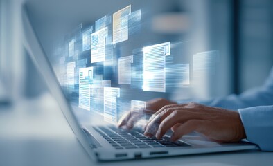 Hands typing on laptop, digital documents stream from screen, suggesting fast data processing and online efficiency