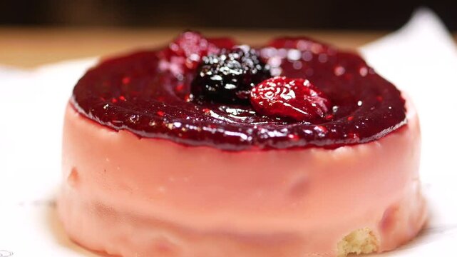 Delicious dessert topped with berry compote at local bakery