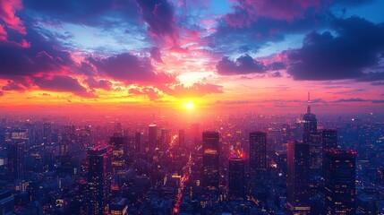 Vibrant city sunset panorama.  Vast metropolis illuminated by a fiery sunset.  Dramatic colors paint the sky above a dense urban landscape