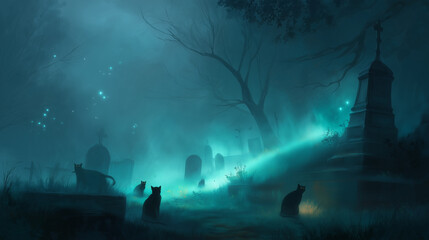 Halloween cats prowl in a misty graveyard mysterious moonlit cemetery