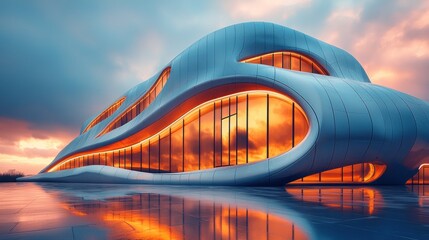 Modern architectural structure, organic design, illuminated facade, sunset reflection