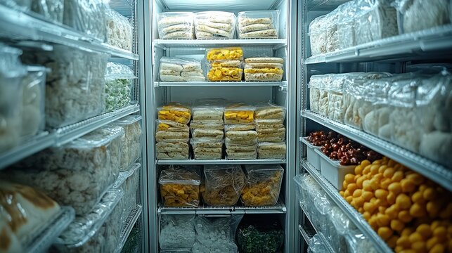 Interior of a large refrigerated storage room filled with various food items in plastic packaging