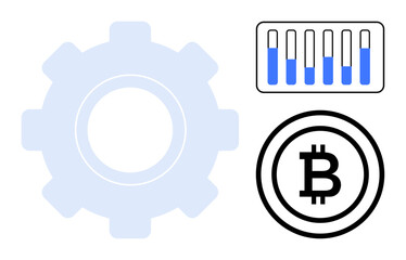 Gear, Bitcoin coin sign, bar graph with filled levels. Ideal for blockchain, cryptocurrency, technology, analytics, digital finance, operations simple landing page