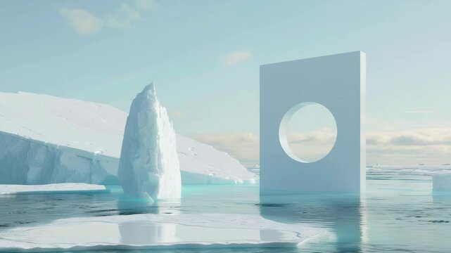A minimalistic white empty vertical rectangle with a round hole in the middle, the background is a light blue sky and ocean with icebergs, Generative AI Videos.