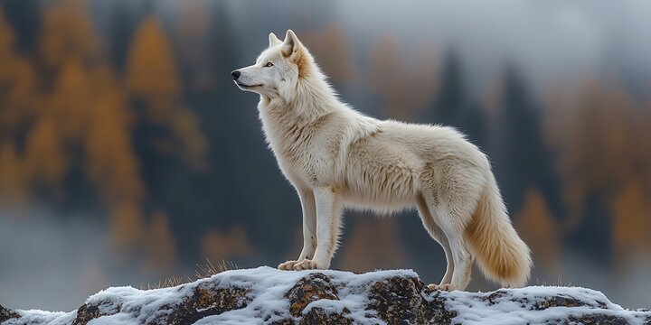 Majestic white wolf on snowy mountain peak