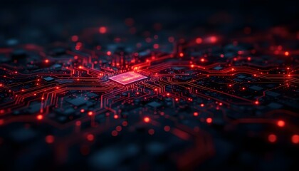 Dark tech background with glowing red and orange circuit patterns and sparks .