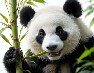 Fototapeta premium Panda Eating Bamboo Shoot Close-up Animal Portrait