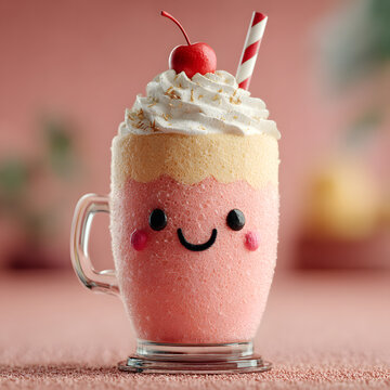 3D milkshake glass with whipped cream and cherry smile
