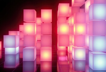 Illuminated cube structure in a gradient of vibrant colors.