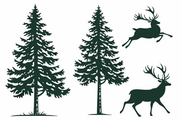 Pine Tree and Reindeer Silhouette Collection – Vector Graphic Set