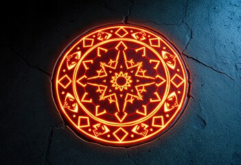 Fiery, glowing circular symbol on a cracked surface.