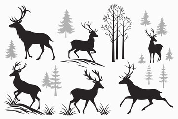 Black Deer Silhouette Vector Pack – Forest Animal Icons Collection