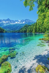 Pristine lake nestled amongst mountains