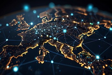 Digital world map displayed on a laptop screen, symbolizing global business and internet communication