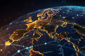 Digital world map displayed on a laptop screen, symbolizing global business and internet communication