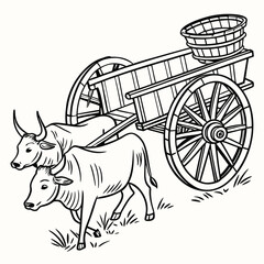 Fototapeta premium Drawing of Ox Cart with Two Oxen on the Ground
