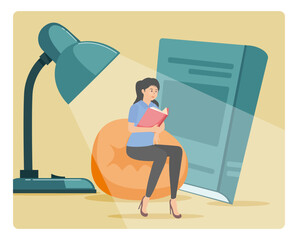 Fototapeta premium Woman Reading Book in Cozy Setting with Giant Lamp .