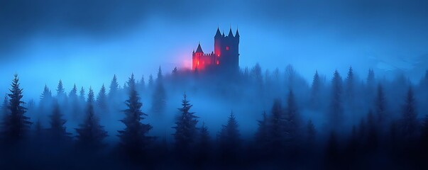 Misty forest castle, night scene