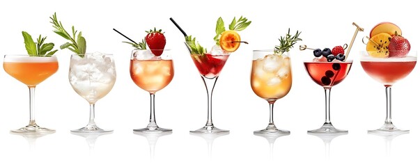 Colorful cocktails, summer drinks, ice, garnish