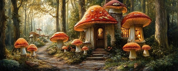 Fairy tale mushroom house in forest